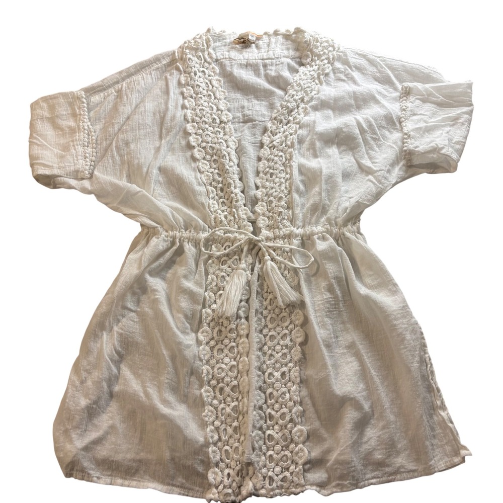 Rise & Bloom White Cotton Gauze Crochet Lace Swim Cover Up Tassel Tie Small